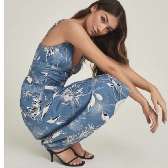 REISS NOAH BELTED FLORAL BLUE DRESS SIZE 4 - Picture 2 of 5